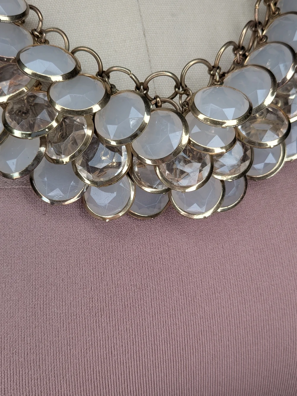 Antique Gold Milky White Glass Cabochon Scale Bib Statement Necklace